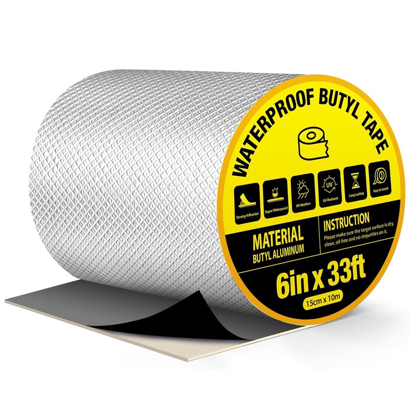 360Tronics Super Waterproof Butyl Tape 6" W x 33 ft L, Strong Self-Adhesive Aluminum Foil Flashing Tape for Sealing Metal Roof Sheets, Gutters and Downpipes Repair, HVAC Ducts, Vents, Skylights - Image 1